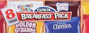 General Mills Breakfast Cereal Variety Pack, Lucky Charms, Cinnamon Toast Crunch, and Cheerios Varieties, Single Serve Snacks, 9.14 oz (8 Pouches)