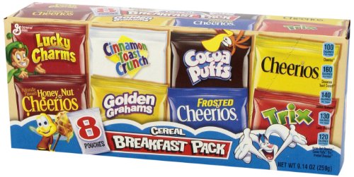 General Mills Breakfast Cereal Variety Pack, Lucky Charms, Cinnamon Toast Crunch, and Cheerios Varieties, Single Serve Snacks, 9.14 oz (8 Pouches)