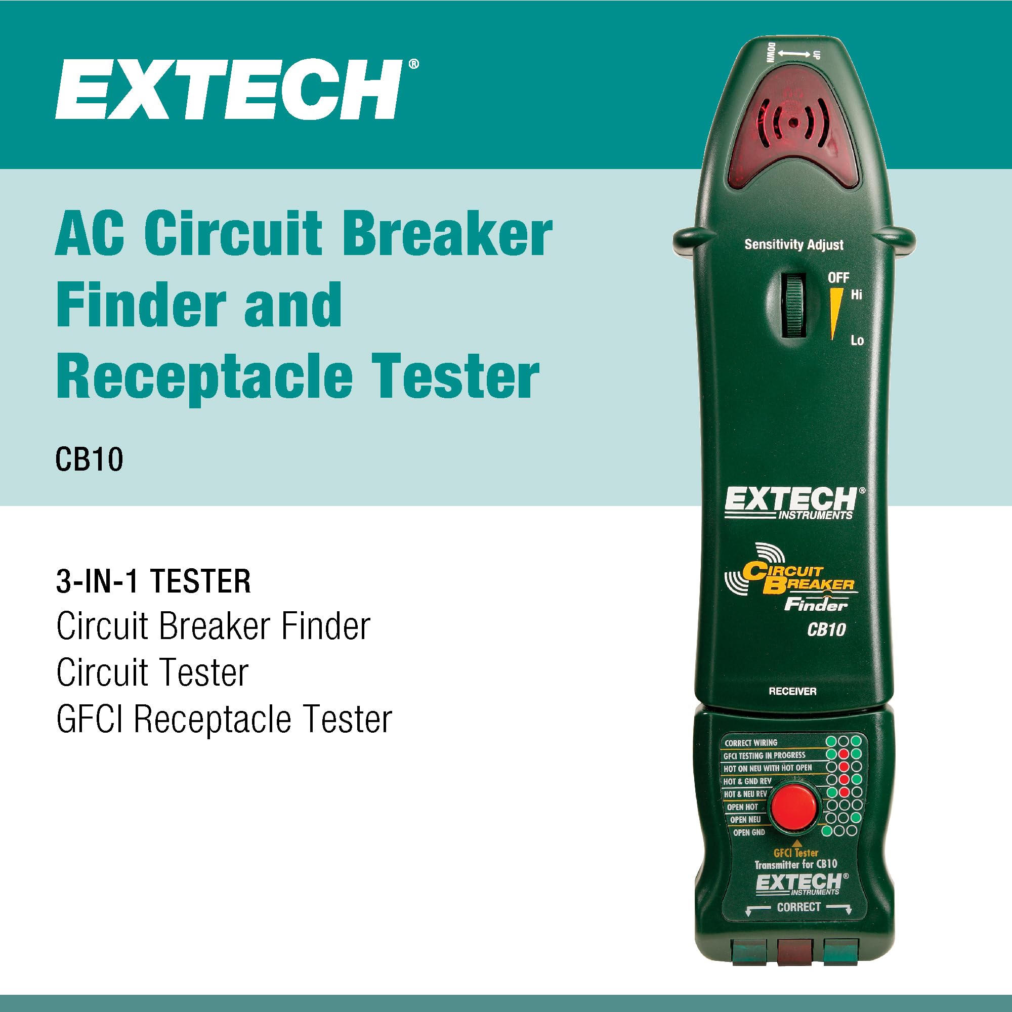 Extech - 1218G94EA - CB10 Circuit Breaker Finder, Locates fuses/breakers, Tests receptacles and GFCI circuits, Green,Red