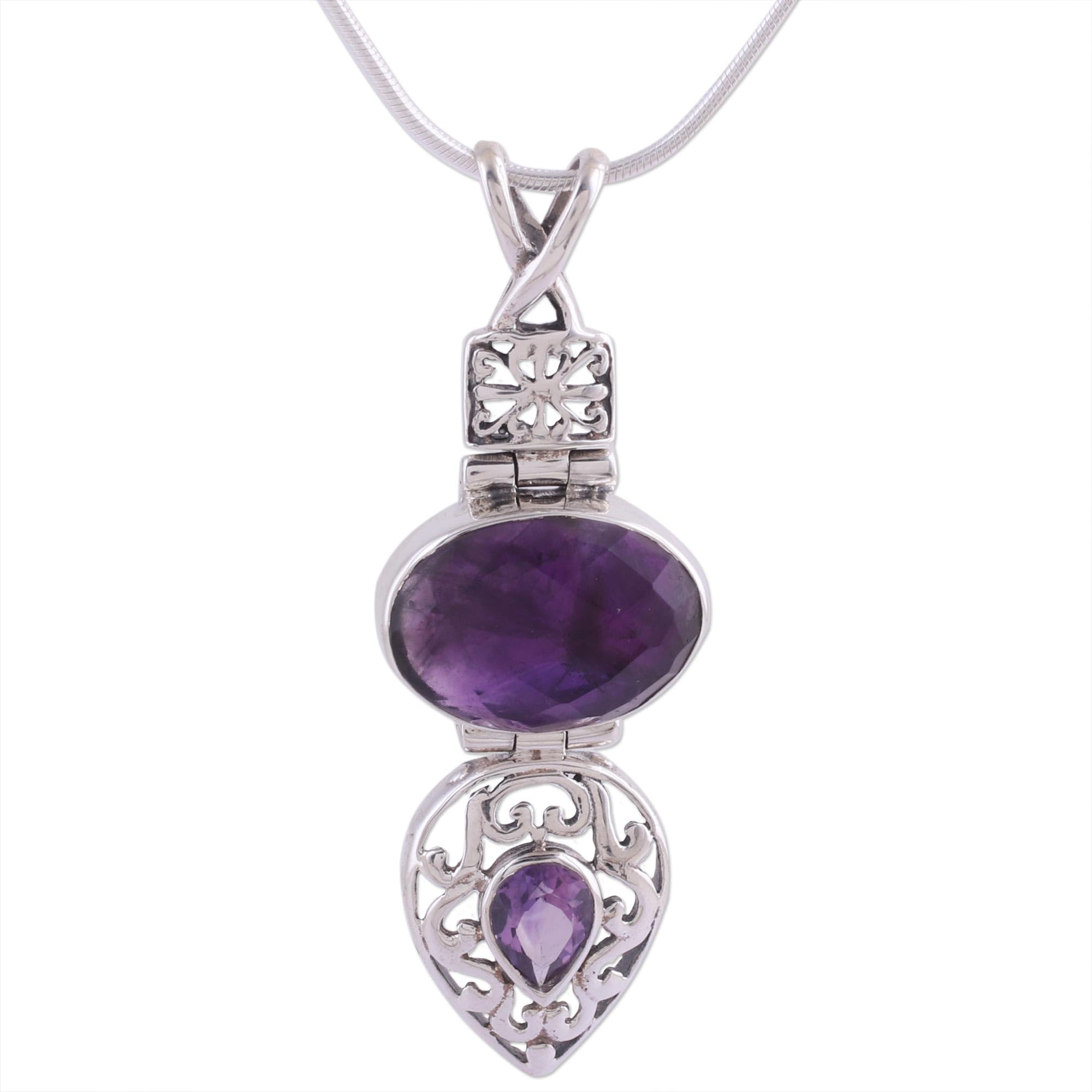 NOVICA Artisan Handmade Amethyst Pendant Necklace India Jewelry Sterling Silver Purple Choker Birthstone [15.75 in L Pendant(s) 2.4 in L x 0.8 in W x 0.3 in D] ' Wise Beauty'