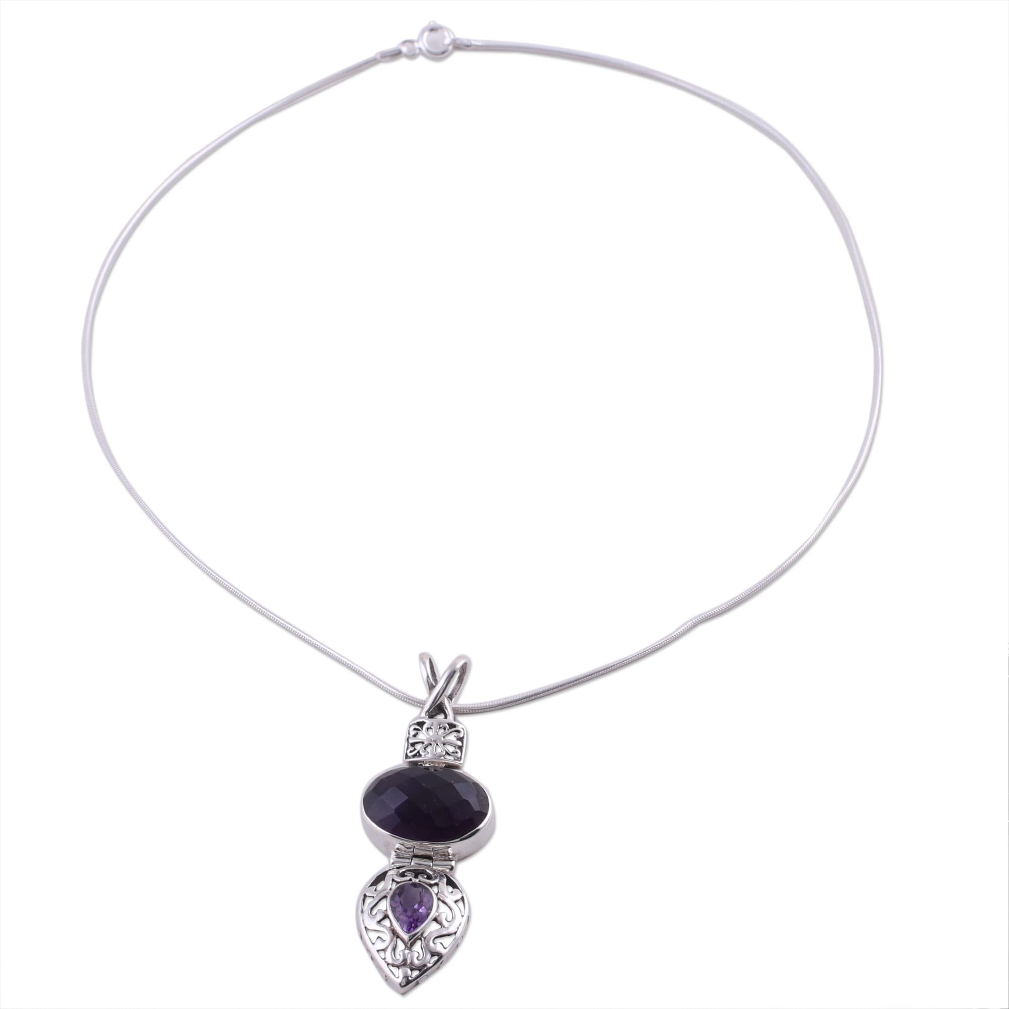 NOVICA Artisan Handmade Amethyst Pendant Necklace India Jewelry Sterling Silver Purple Choker Birthstone [15.75 in L Pendant(s) 2.4 in L x 0.8 in W x 0.3 in D] ' Wise Beauty'