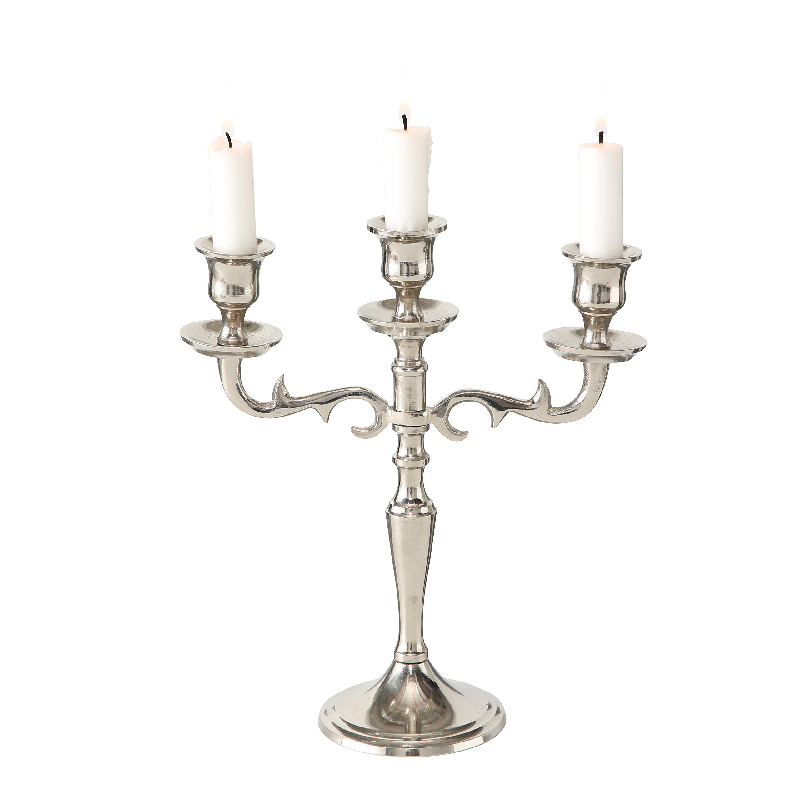 Hamptons Three Arm Silver Candelabra, Hand Crafted of Silver Aluminum Nickel, 10.25 Inches High, Weighted