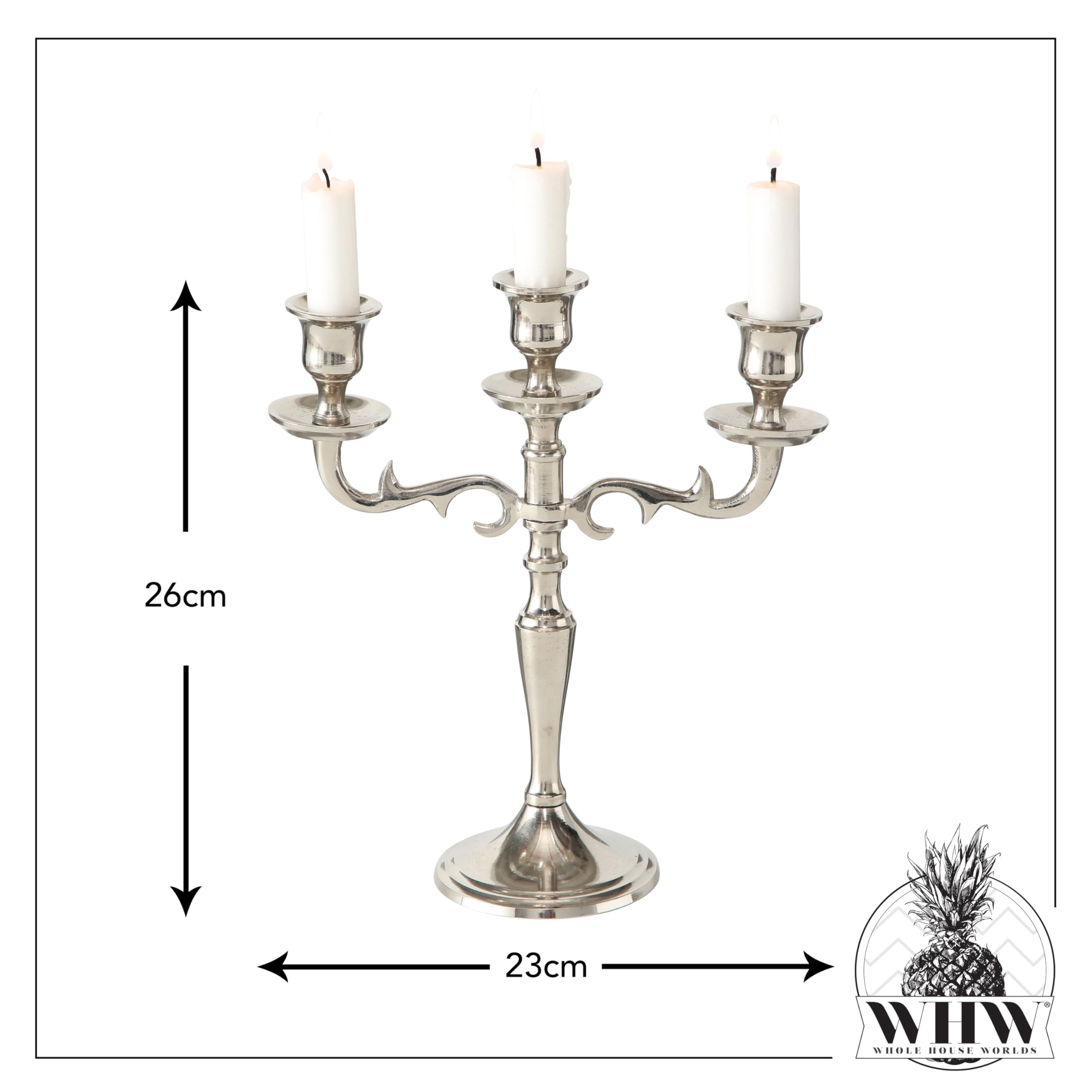 Hamptons Three Arm Silver Candelabra, Hand Crafted of Silver Aluminum Nickel, 10.25 Inches High, Weighted