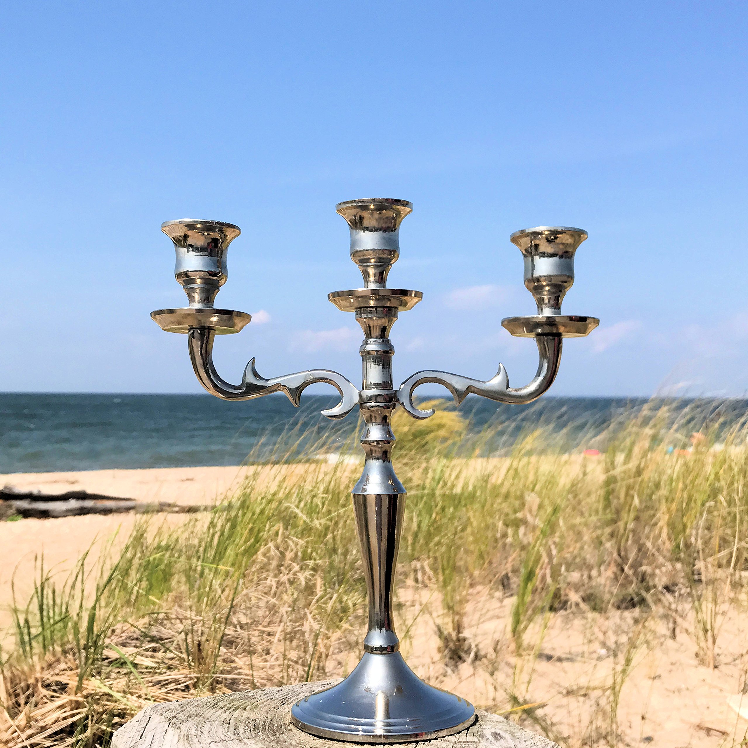 Hamptons Three Arm Silver Candelabra, Hand Crafted of Silver Aluminum Nickel, 10.25 Inches High, Weighted