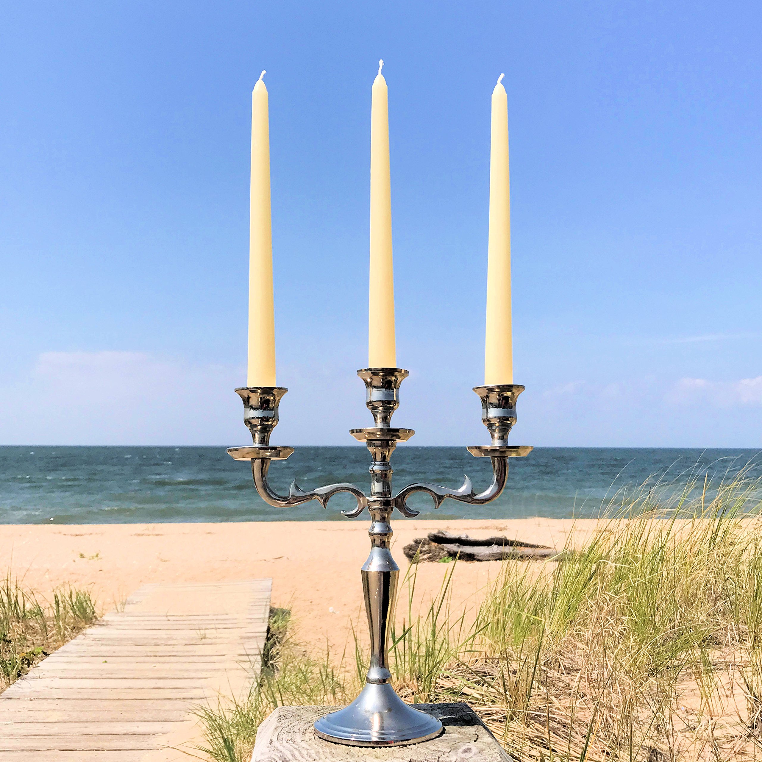 Hamptons Three Arm Silver Candelabra, Hand Crafted of Silver Aluminum Nickel, 10.25 Inches High, Weighted