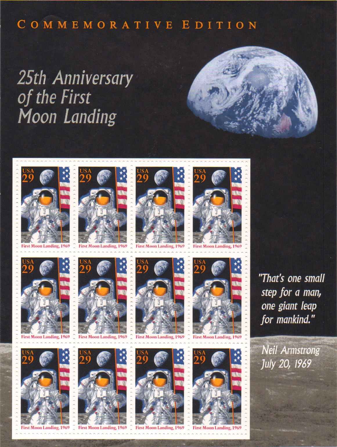 25th Anniversary of the First Moon Landingsheet of 12 29 Cent Stamps Scott 2841