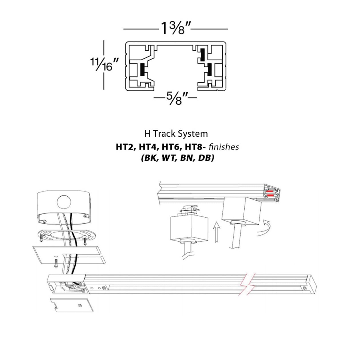 WAC Lighting H Track 4FT Single Circuit Field Cuttable 120V Track for H Style 3-Wire Track Fixtures with 2 Endcaps in Black