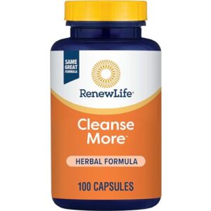 renew life detox cleanse more, reduces bloating and restores regularity, overnight constipation relief, soy, dairy and gluten-free, 100 capsules