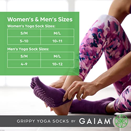 Gaiam Yoga Socks - Grippy Non Slip Sticky Toe Grip Accessories for Women & Men - Hot Yoga, Barre, Pilates, Ballet, Dance, Home - Grey, Small/Medium