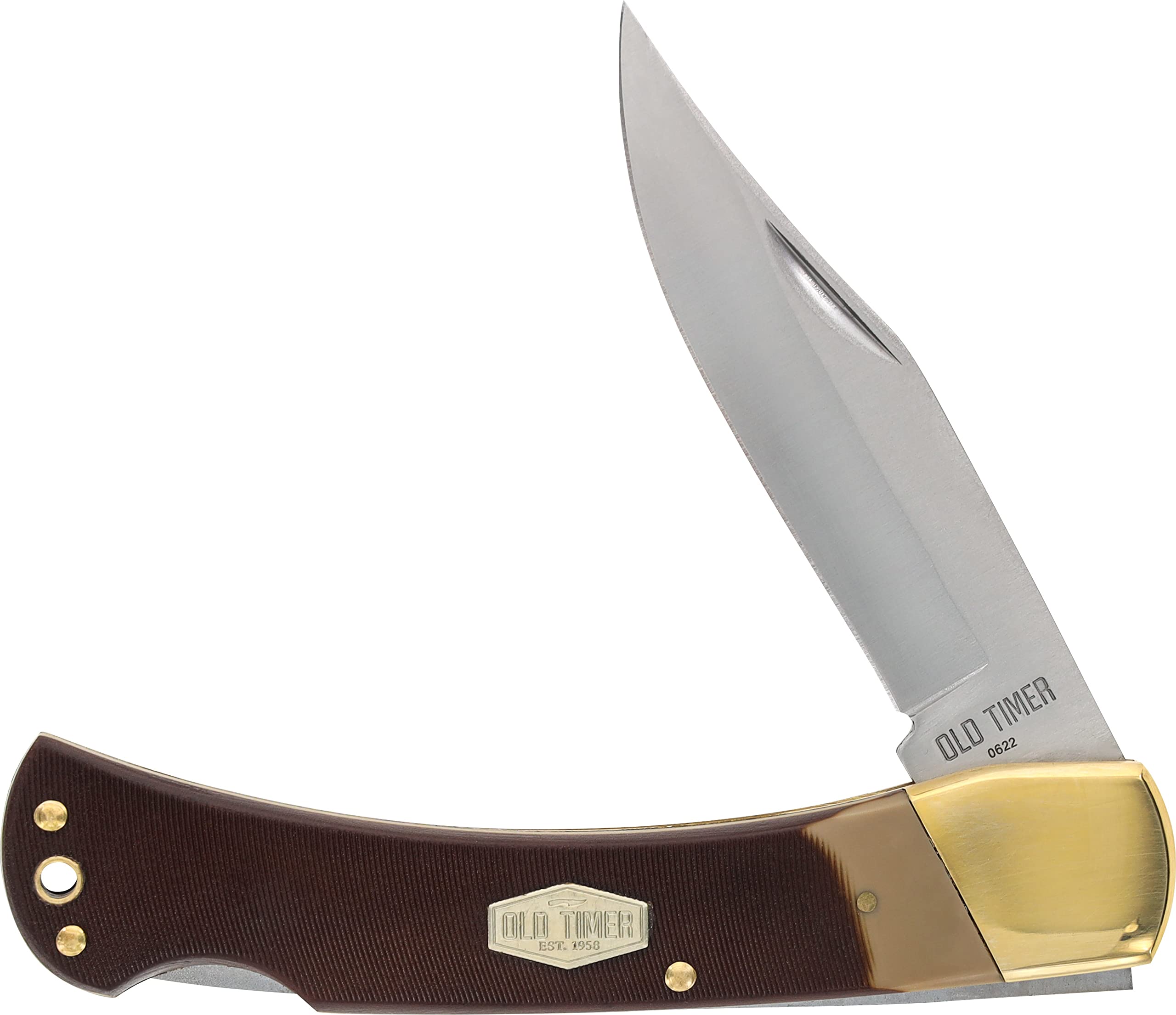 Old Timer 6OT Golden Bear Traditional Lockback Pocket Knife with 3.9in High Carbon Stainless Steel Clip Point Blade, Sawcut Handle, and Lanyard Hole for Hunting, Whittling, Camping, EDC, and Outdoors