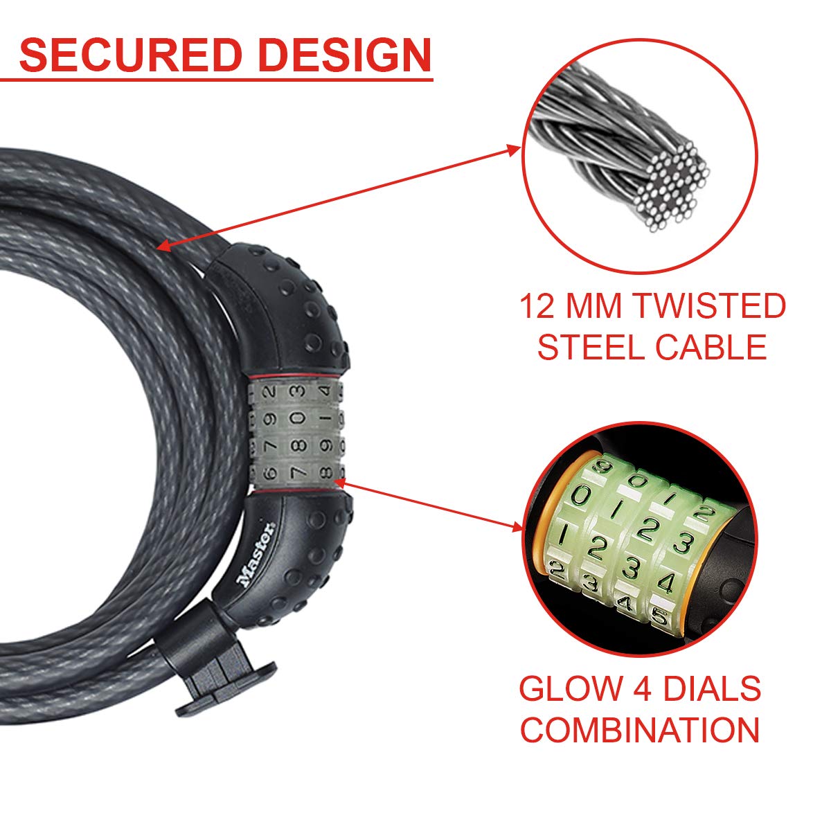 MASTER LOCK Bike Cable Lock [Combination] [1.8 m Coiling Cable] [Outdoor] [Mounting Bracket] 8190EURDPRO - Ideal for Bike, Electric Bike, Skateboards, Strollers, Lawnmowers and other Outdoor Equipment