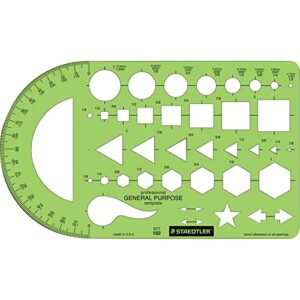 staedtler template, geometric shapes/symbols, protractor, inch scale, 9.5 x 5.5 inches (977102)