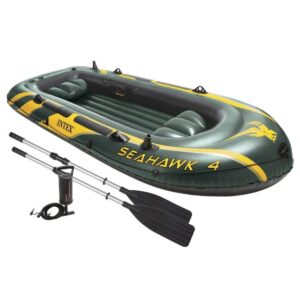 intex 68351ep seahawk 4 inflatable boat set: includes deluxe 54in boat oars and high-output pump – superstrong pvc – fishing rod holders – 4-person – 1050lb weight capacity