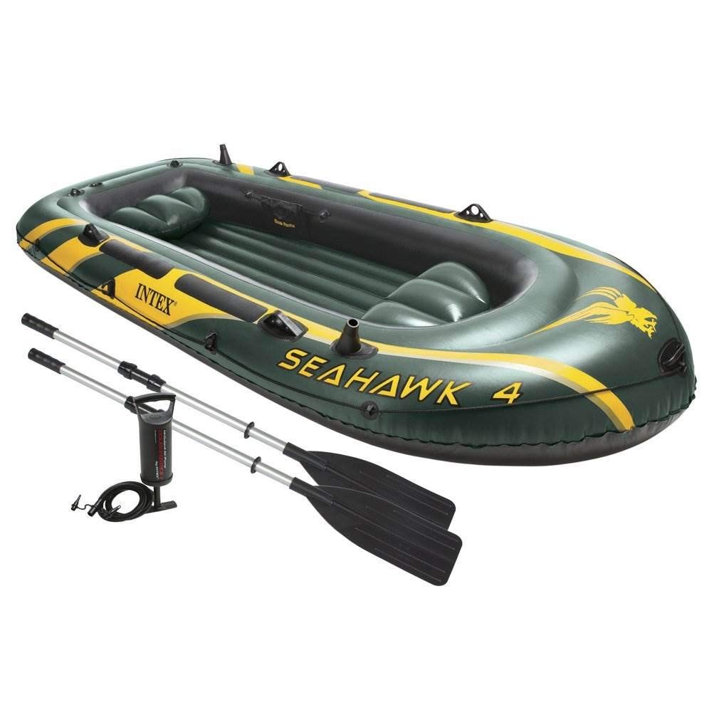 Intex 68351EP Seahawk 4 Inflatable Boat Set: includes Deluxe 54in Boat Oars and High-Output Pump – SuperStrong PVC – Fishing Rod Holders – 4-Person – 1050lb Weight Capacity