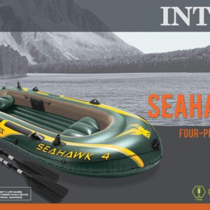 Intex 68351EP Seahawk 4 Inflatable Boat Set: includes Deluxe 54in Boat Oars and High-Output Pump – SuperStrong PVC – Fishing Rod Holders – 4-Person – 1050lb Weight Capacity