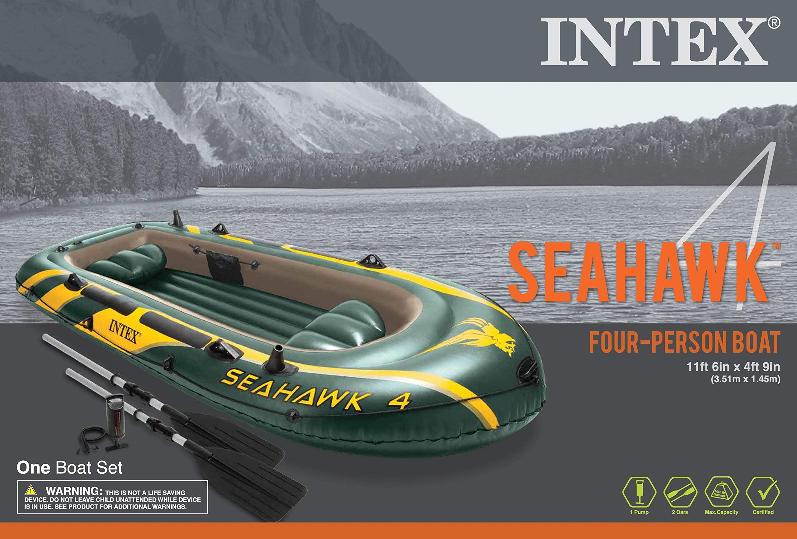 Intex 68351EP Seahawk 4 Inflatable Boat Set: includes Deluxe 54in Boat Oars and High-Output Pump – SuperStrong PVC – Fishing Rod Holders – 4-Person – 1050lb Weight Capacity