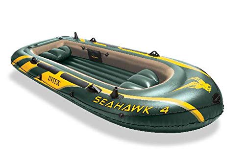 Intex 68351EP Seahawk 4 Inflatable Boat Set: includes Deluxe 54in Boat Oars and High-Output Pump – SuperStrong PVC – Fishing Rod Holders – 4-Person – 1050lb Weight Capacity