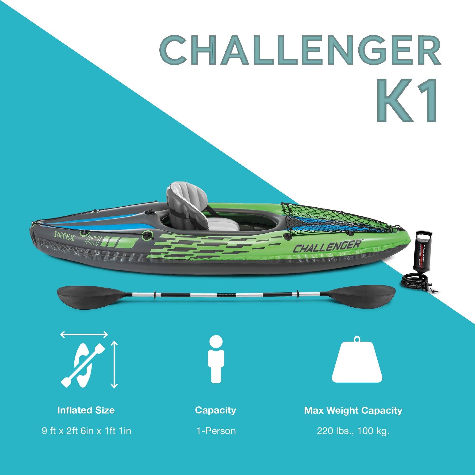 INTEX 68305EP Challenger K1 Inflatable Kayak Set: Includes Deluxe 86in Kayak Paddles and High-Output Pump – Adjustable Seat with Backrest – Removable Skeg – 1-Person – 220lb Weight Capacity