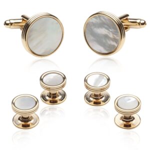 Cuff-Daddy Mother of Pearl and Gold Tuxedo Cufflinks and Studs Formal Set with Gift Box