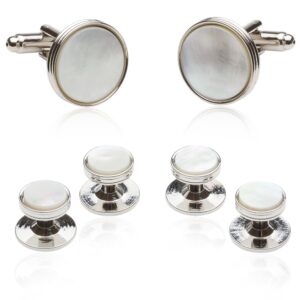 Mother of Pearl Cufflinks and Studs Tuxedo Set White Silver Formal Set Round Tuxedo Formal Set with Presentation Idea Box Mens White Wedding Studs Set