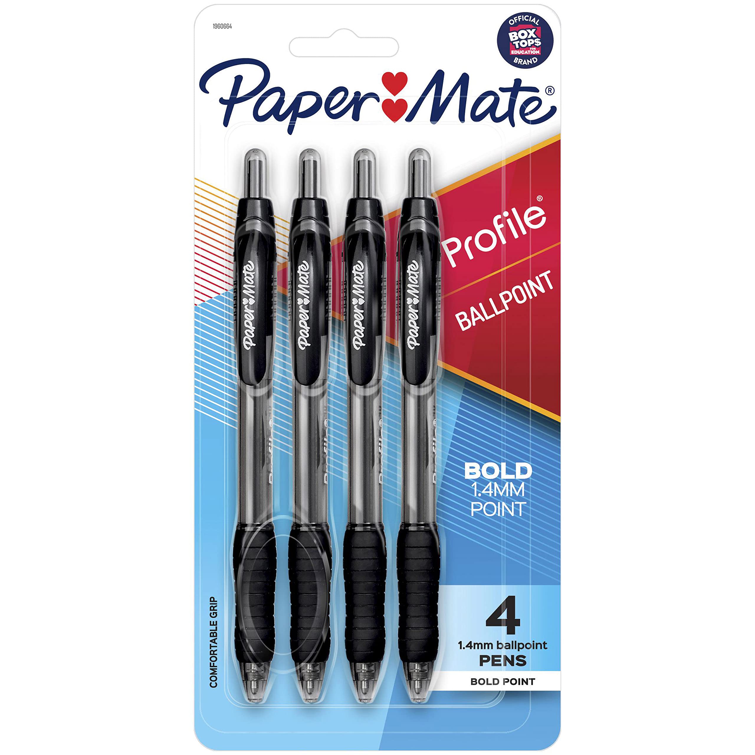 Paper Mate Profile Retractable Ballpoint Pen, Bold Point, Translucent Barrel, Black Ink, 4 Count