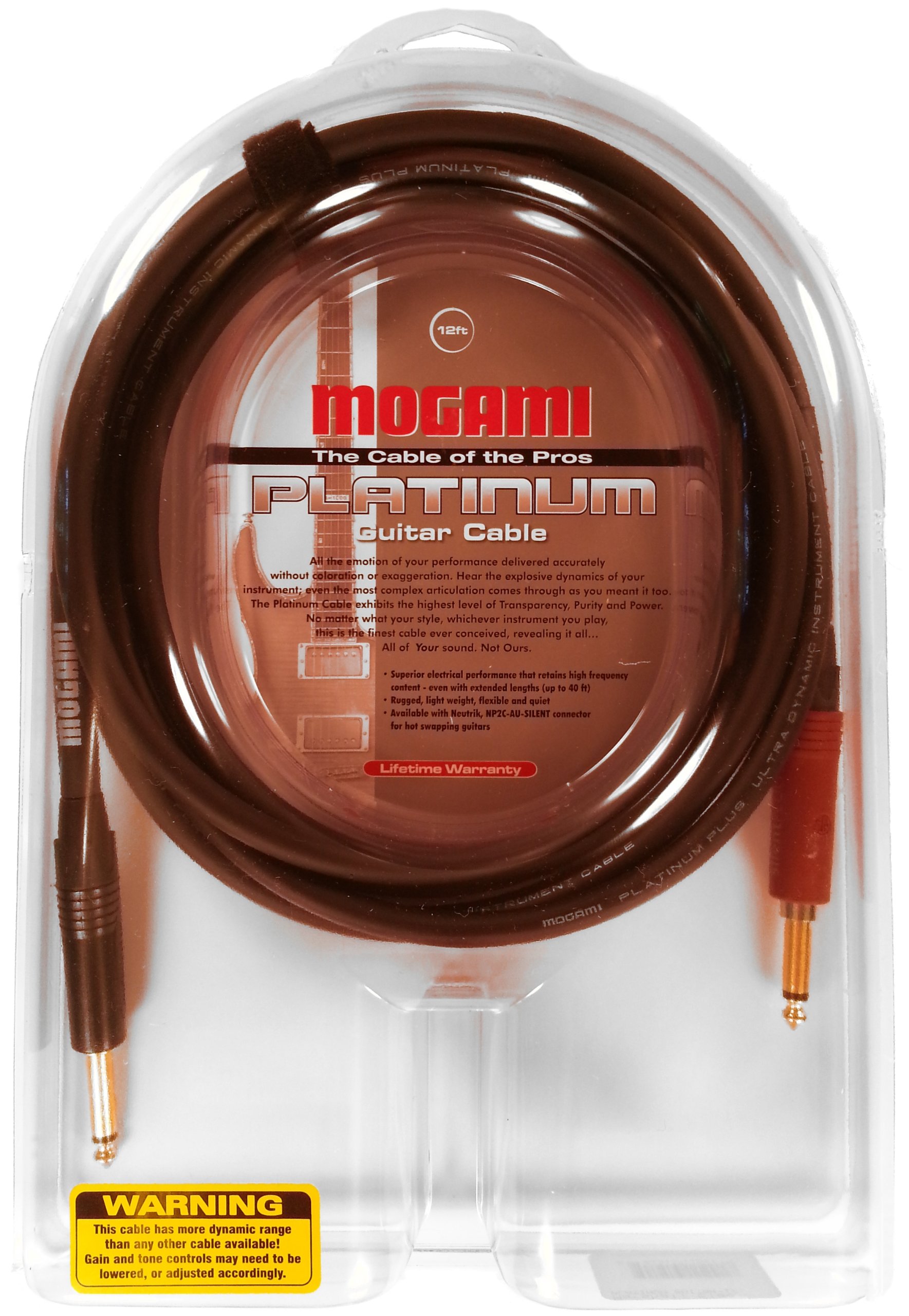 Mogami PLATINUM GUITAR-12 Instrument Cable, 1/4" TS Male Plugs, Gold Contacts, Straight Connectors with silentPLUG, 12 Foot