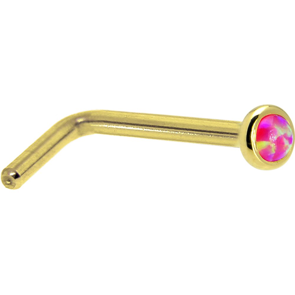 Body Candy Solid 14k Yellow Gold 2mm Brilliant Pink Synthetic Opal L Shaped Nose Stud Ring 18 Gauge 1/4"