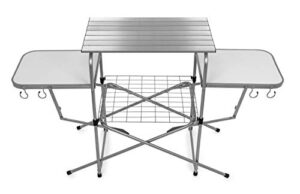 camco olympian deluxe portable grill table | provides plenty of room for grilling gear | ideal for picnics, camping, boating, tailgating, and backyard bbqs | (57293) silver