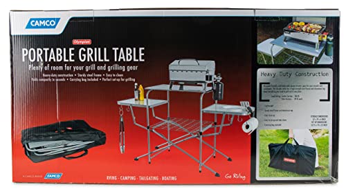 Camco Olympian Deluxe Portable Grill Table | Provides Plenty of Room for Grilling Gear | Ideal for Picnics, Camping, Boating, Tailgating, and Backyard BBQs | (57293) Silver