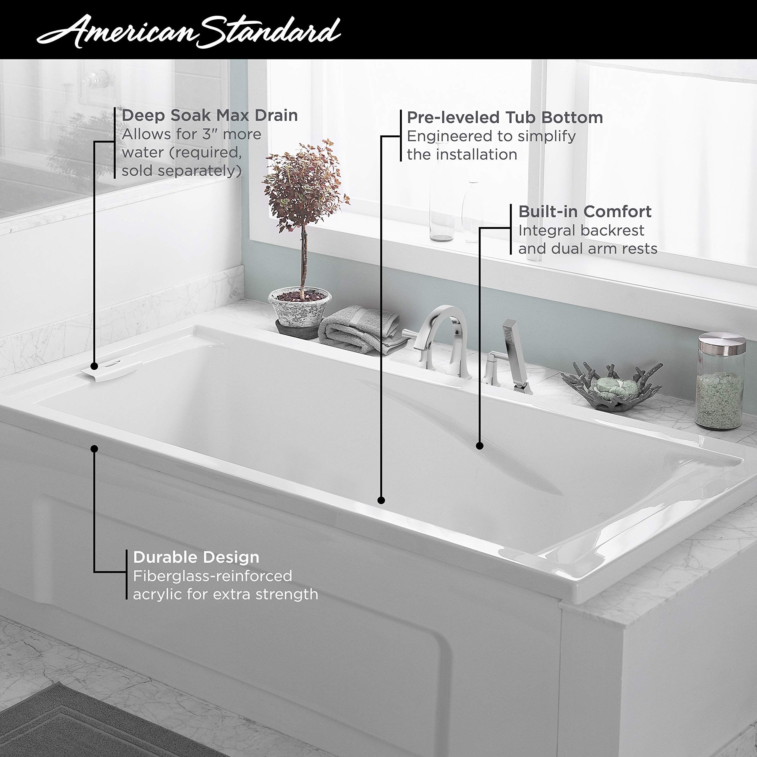 American Standard 7236V002.020 Evolution 6 Ft. X 36 In. Deep Soaking Tub with Reversible Drain, White