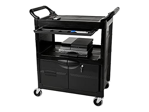 Rubbermaid Commercial Plastic Service and Utility Cart with Cabinet and Sliding Drawer, Black (FG345700BLA) 200 lbs