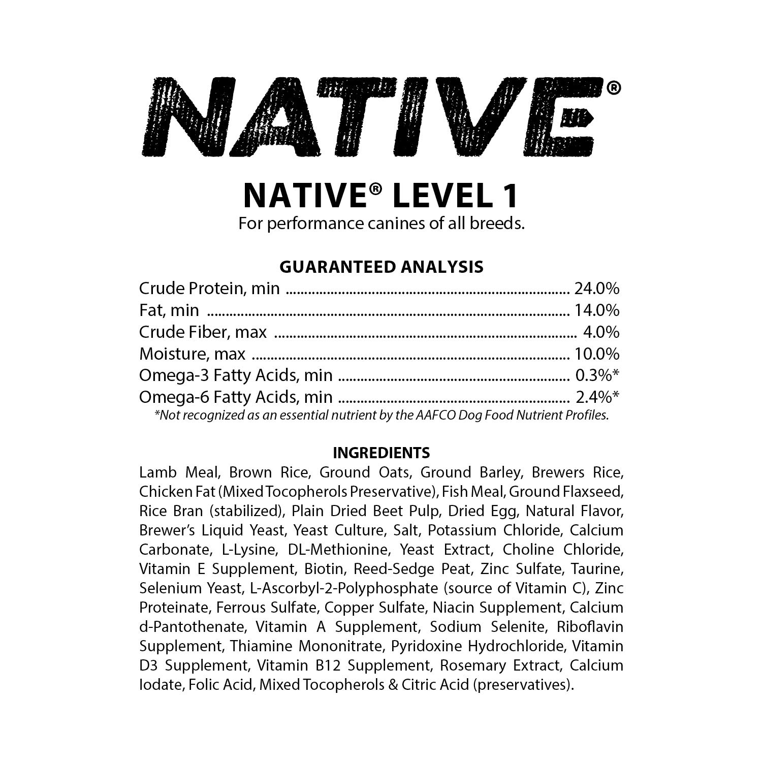 NATIVE Performance Dog Food | Lamb Meal and Rice Formula | No Filler or Bi-Products | Low to Normal Energy Level 1 | 40 Pound Bag