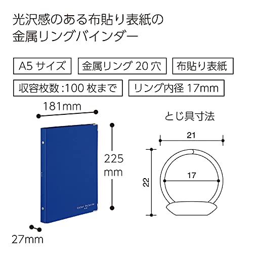 Kokuyo Color Palette Metal Round Ring Binder, A5-S, 20 Holes, Up to 100 Sheets, 5 Colorful Tab Dividers, Middle Vertical Type, Navy Blue, Japan Import (RU-105-2)