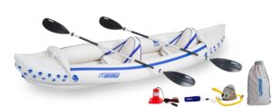 sea eagle 370k pro 3-person inflatable outdoor water sports kayak canoe boat with paddles, adjustable seats, foot pump, and carrying bag, white