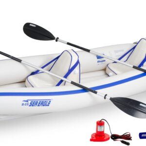 Sea Eagle 370K Pro 3-Person Inflatable Outdoor Water Sports Kayak Canoe Boat with Paddles, Adjustable Seats, Foot Pump, and Carrying Bag, White