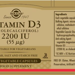 SOLGAR Vitamin D3 (Cholecalciferol) 55 mcg (2200 IU) - 50 Vegetable Capsules - Non-GMO, Gluten Free, Dairy Free, Kosher - 50 Servings