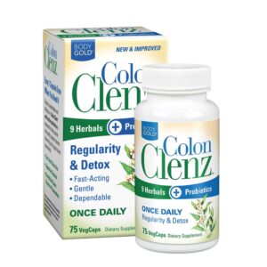 Body Gold Colon Clenz Regularity & Detox Formula | Once Daily Support with 9 Herbs + Active Probiotics | 75 CT