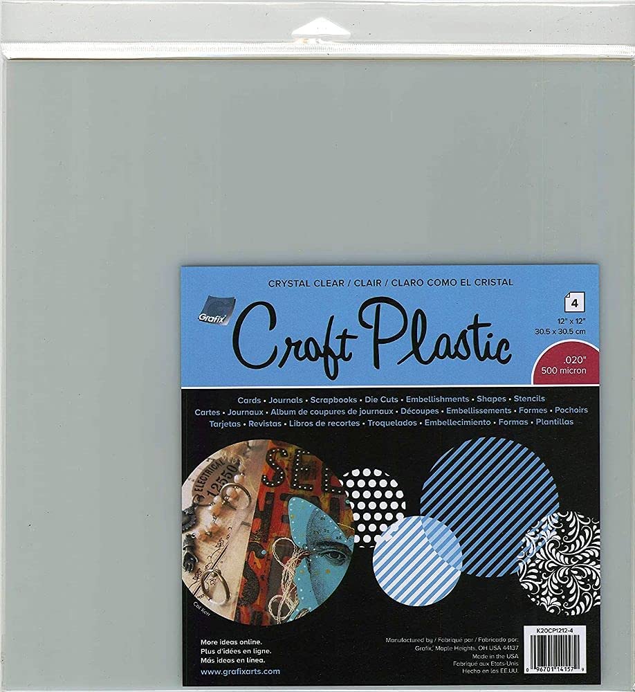 Grafix Ultra Clear .020 Plastic, Durable and Archival Film, Perfect for DIY Crafts, Stencils, Journals, Cards, 3D Embellishments, and More, 12" x 12", 4 Pack, (K20CP1212-4)