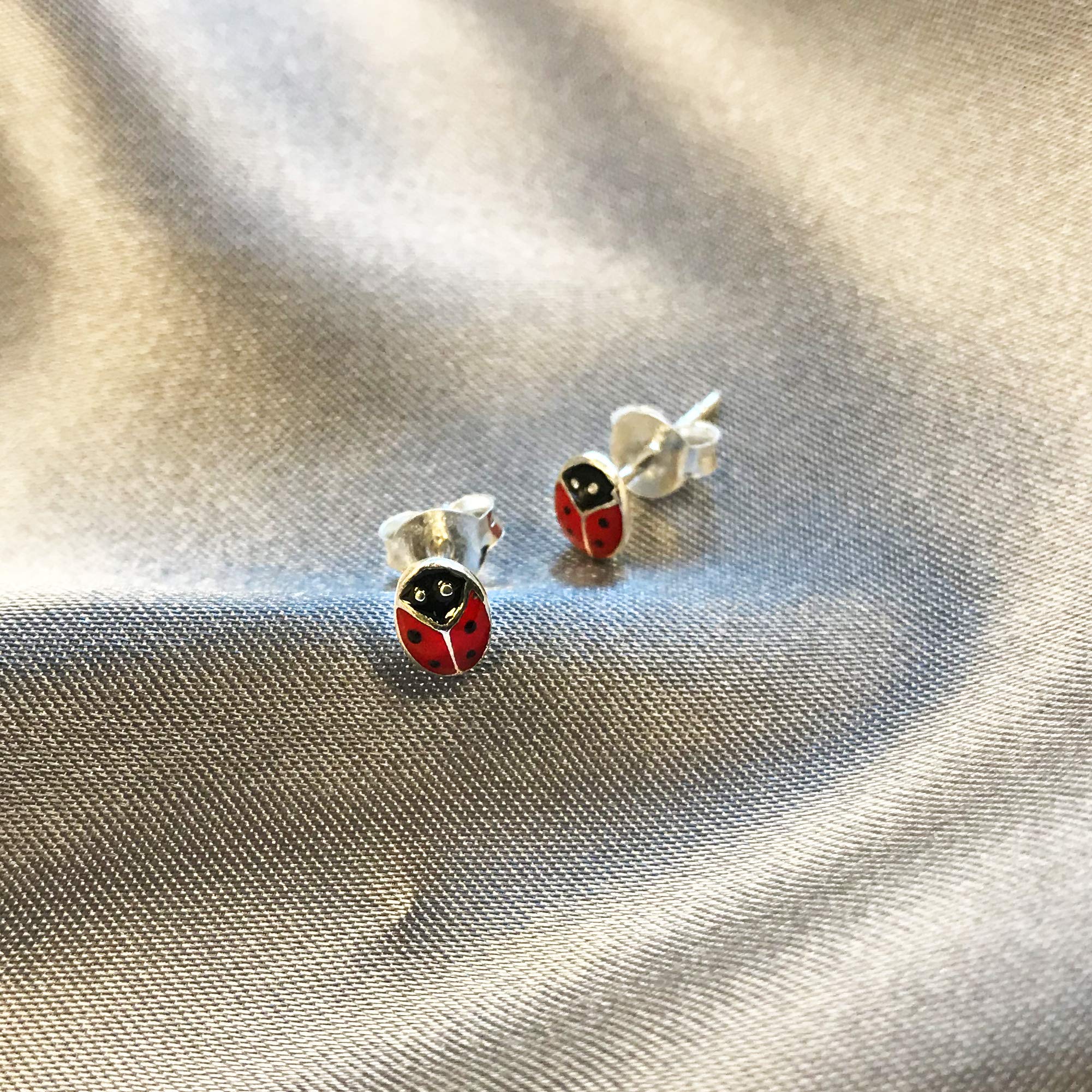 925 Sterling Silver Red Ladybug Post Back Stud Earrings for Women