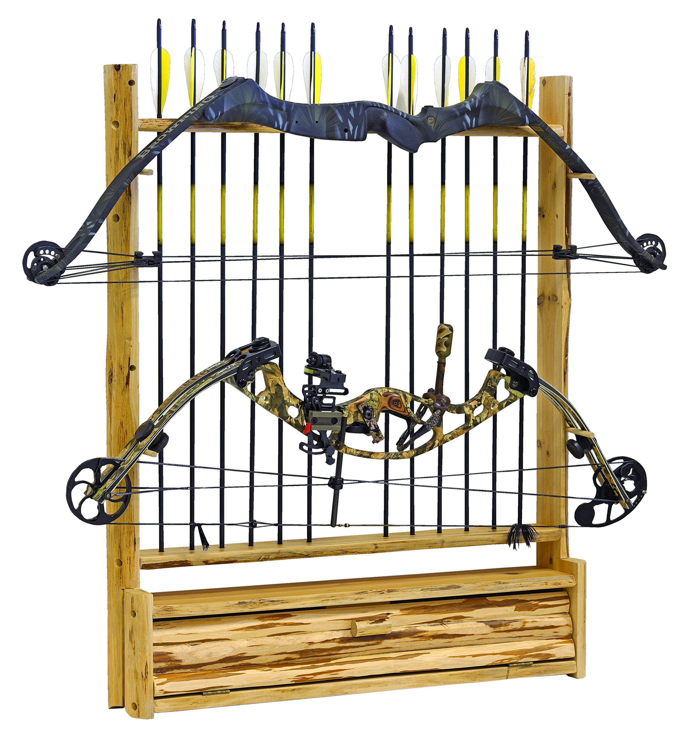 Rush Creek Creations Rustic 2 Compound Bow - 12 Arrow Wall Storage Rack with Accessory Compartment - Handcrafted - Durable Material , 39"L x 31.5"W x 5.3"D