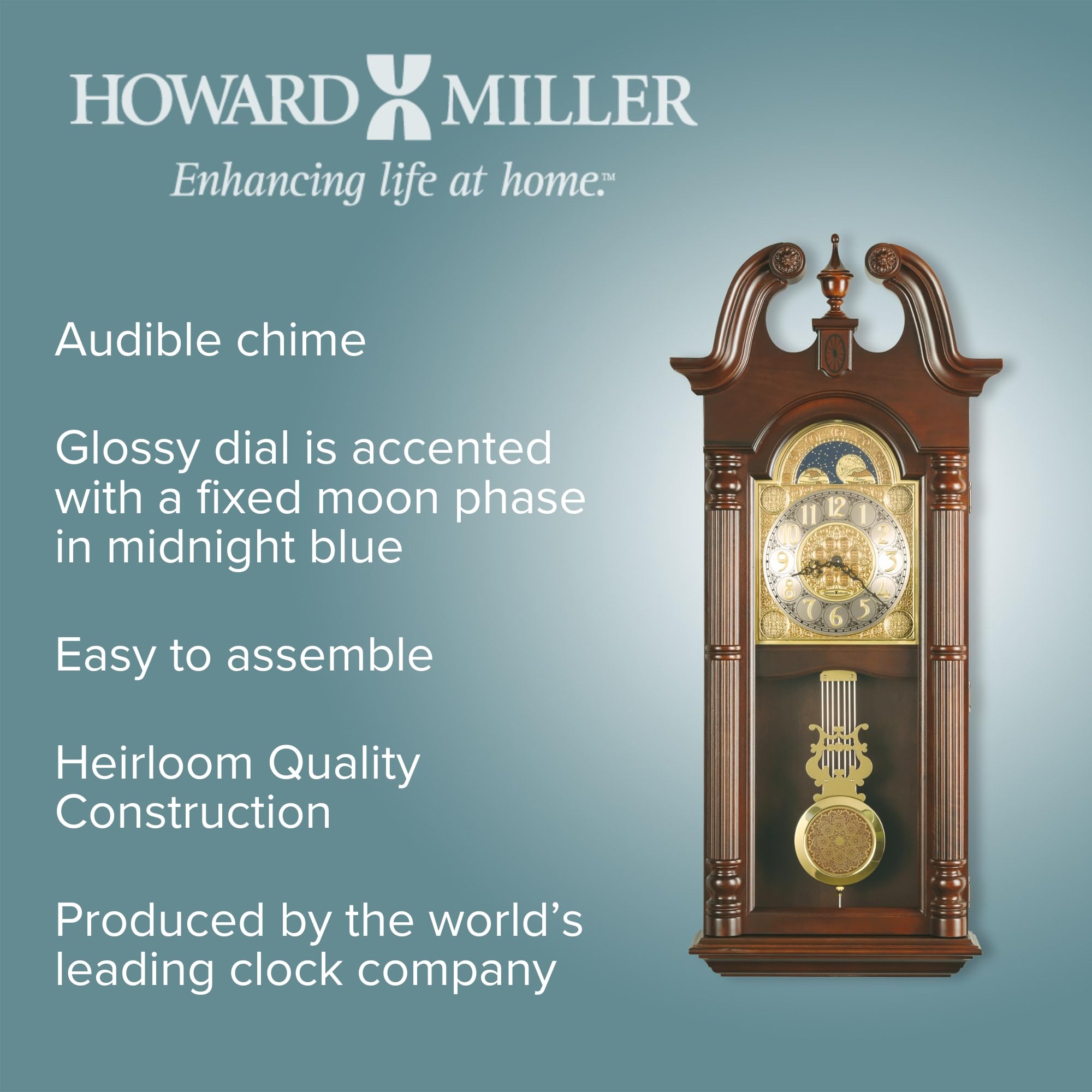 Howard Miller Maxwell Wall Clock 620-226 – Windsor Cherry Finish, Swan Neck Pediment, Vintage Home Décor, Brass Finished Pendulum, Quartz Dual-Chime Movement