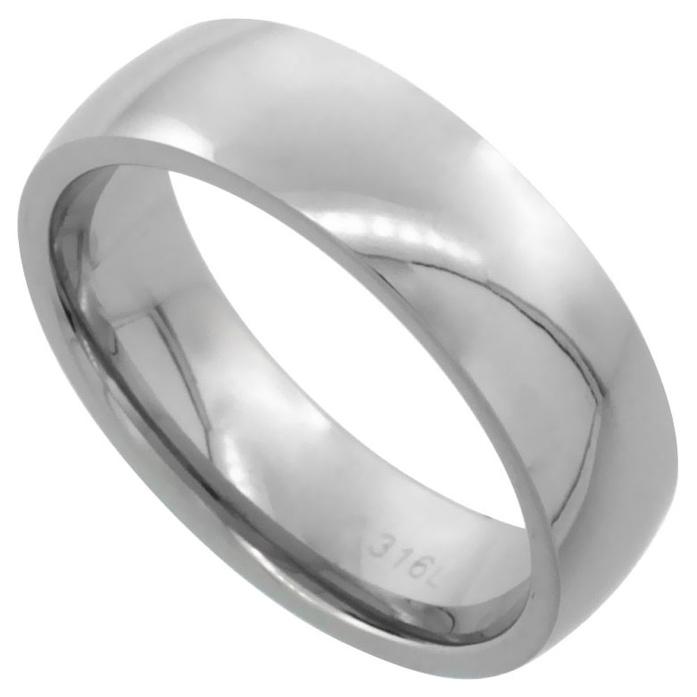 Surgical Steel Plain Wedding Band/Thumb Ring 6mm Domed Comfort-Fit High Polish, size 7.5