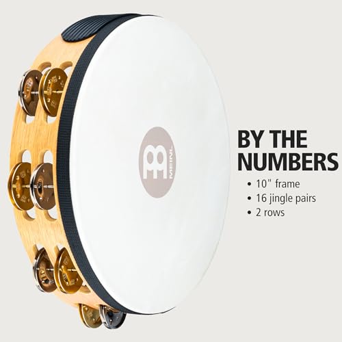 Meinl Percussion TAH2M-SNT Traditional 10-Inch Wood Tambourine with Goat Skin Head and Dual Alloy Jingles, 2 Row