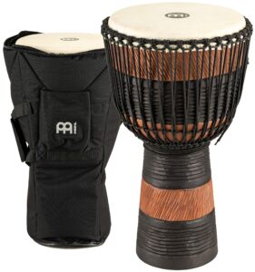 meinl percussion adj3-xl+bag african style rope tuned 13-inch wood djembe with bag, brown/black