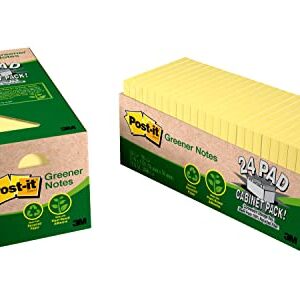 Post-it Greener Notes, 3 in x 3 in, 24 Pads, America's #1 Favorite Sticky Notes, Canary Yellow (654R-24CP-CY)