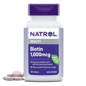 natrol beauty biotin 1000mcg, dietary supplement for healthy hair, skin, nails and energy metabolism, 100 tablets, 100 day supply