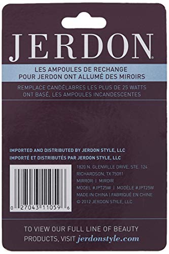 JERDON 25 Watt Replacement Bulbs for Makeup Mirror - 2 Incandescent Lightbulbs Makeup Mirrors - JPT25W