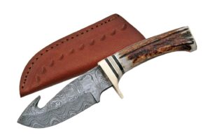 damascus szco supplies 9.5"" steel gut hook skinning knife with sheath, multi, one size (dm-1008)