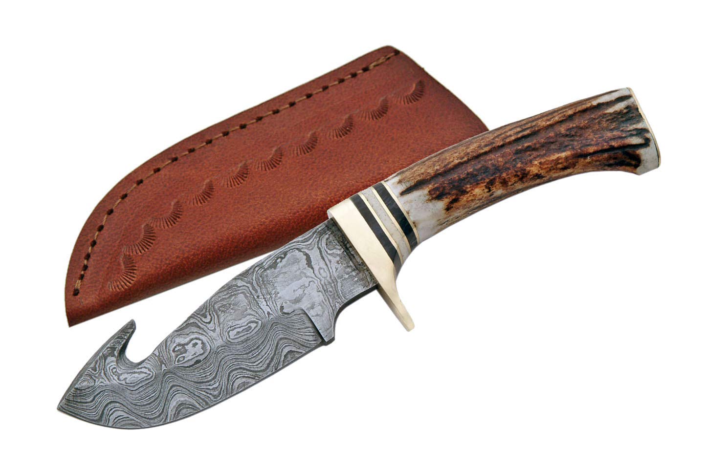 Damascus Szco Supplies 9.5"" Steel Gut Hook Skinning Knife with Sheath, Multi, one Size (DM-1008)