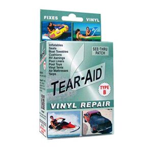 tear-aid vinyl repair kit, type b clear patch for vinyl and vinyl-coated materials, works on vinyl tents, awnings, air matresses, pool liners & more, green box, single pack